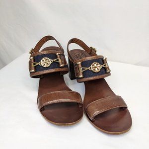 Tory Burch Navy & Brown Sandal with gold embellishments Sz 7.5